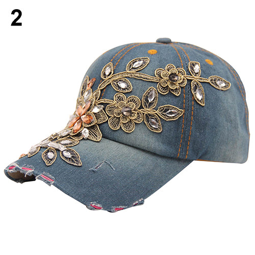 Gorra de béisbol de mezclilla con flores en relieve para mujer, sombrero de mezclilla con diamantes de imitación de verano