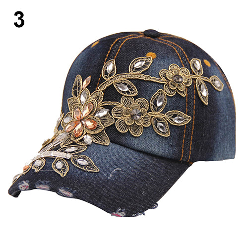 Gorra de béisbol de mezclilla con flores en relieve para mujer, sombrero de mezclilla con diamantes de imitación de verano