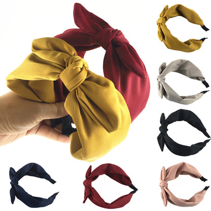 Women Solid Color Bow-Knot Hair Hoop Hairband Wide Edge Headband Accessories