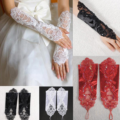 Women Faux Pearl Lace Gloves Bride Fingerless Wedding Party Bridal Dress Glove