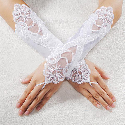 Guantes de encaje con perlas de imitación para mujer, guantes sin dedos para vestido de novia, fiesta de boda