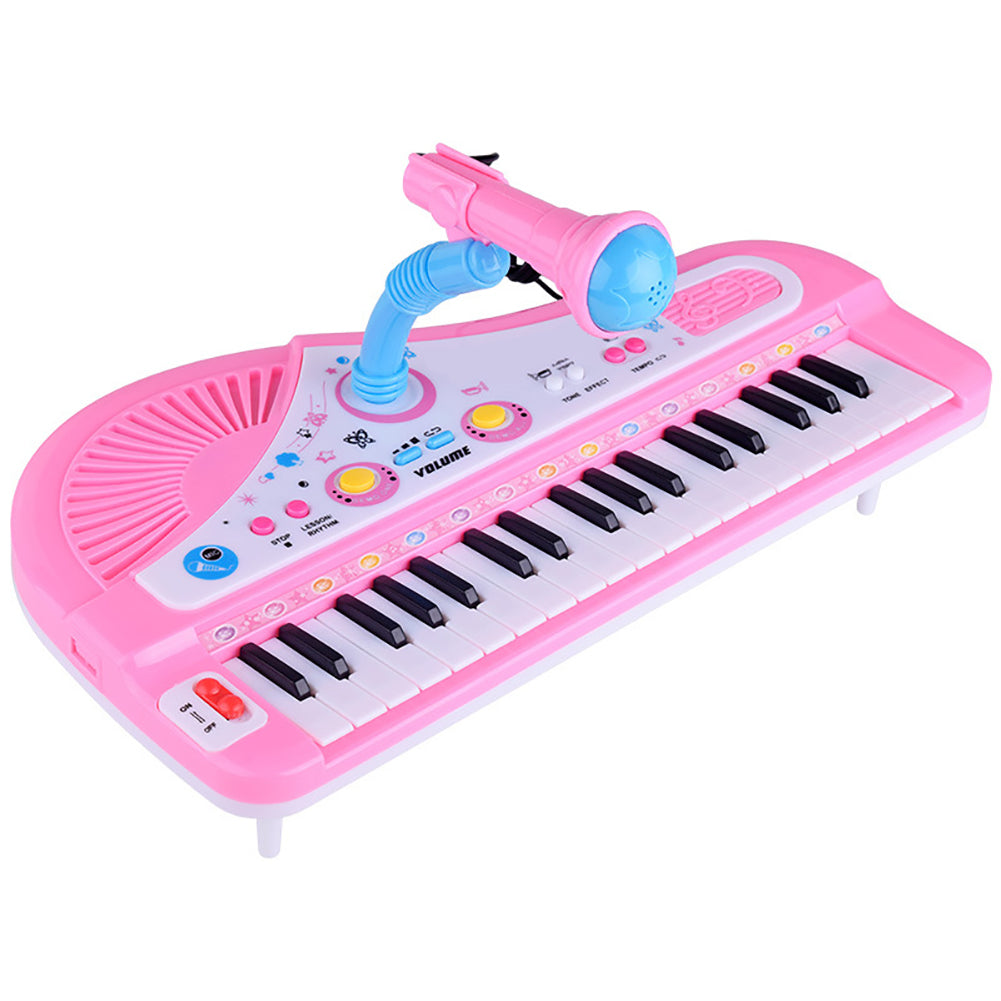 Piano electrónico de 37 teclas con micrófono para niños tocando instrumento musical de juguete