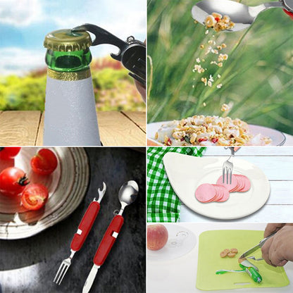 4-in-1 Outdoor Fork Spoon Knife Bottle Opener Camping Folding Pocket Tableware