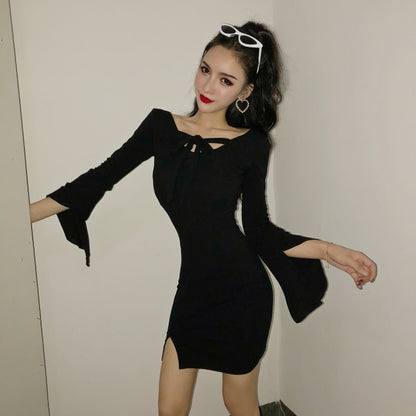 Sexy dress V-neck, sleeves, hip split night short skirt