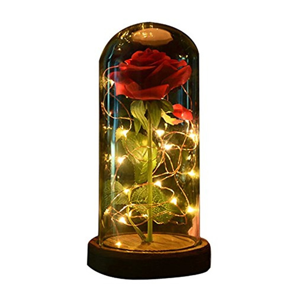 1 rosa de La Bella y La Bestia y luz LED con pétalos caídos en cúpula de cristal sobre una base de madera para regalo 