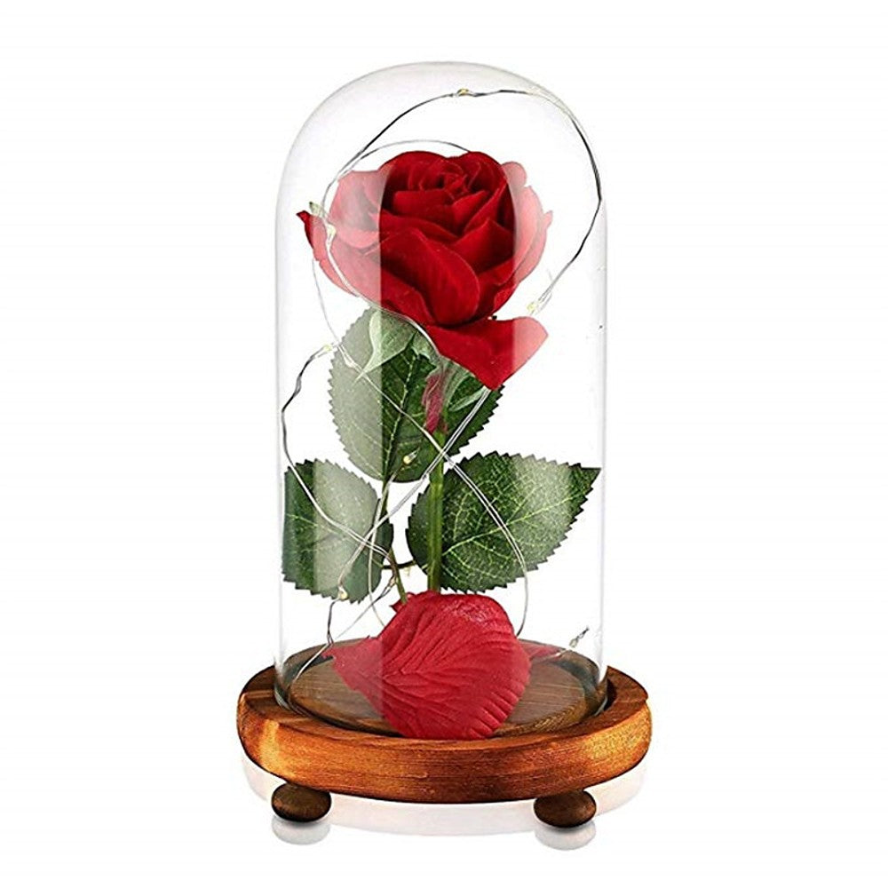 1pc Beauty and The Beast Rose Rose and LED Light with Fallen Petals in Glass Dome on a Wooden Base Gift