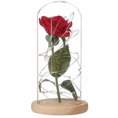 1 rosa de La Bella y La Bestia y luz LED con pétalos caídos en cúpula de cristal sobre una base de madera para regalo 