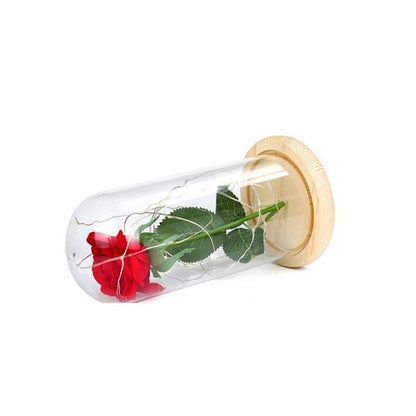 1pc Beauty and The Beast Rose Rose and LED Light with Fallen Petals in Glass Dome on a Wooden Base Gift