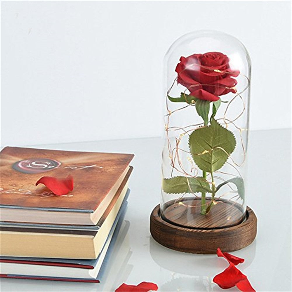 1pc Beauty and The Beast Rose Rose and LED Light with Fallen Petals in Glass Dome on a Wooden Base Gift