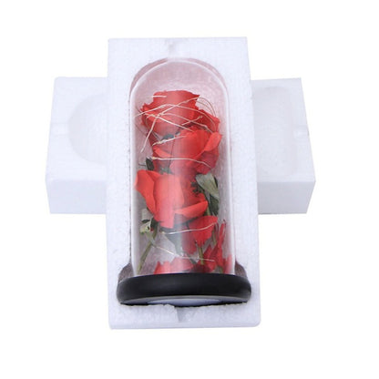 1pc Beauty and The Beast Rose Rose and LED Light with Fallen Petals in Glass Dome on a Wooden Base Gift