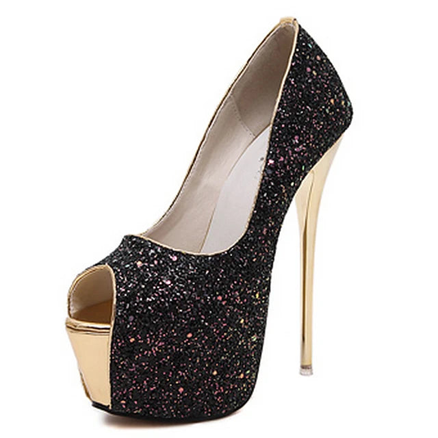 Women's Synthetics Fall / Spring & Summer Sweet / British Heels Stiletto Heel Peep Toe Sequin White / Black / Light Pink / Wedding / Party & Evening