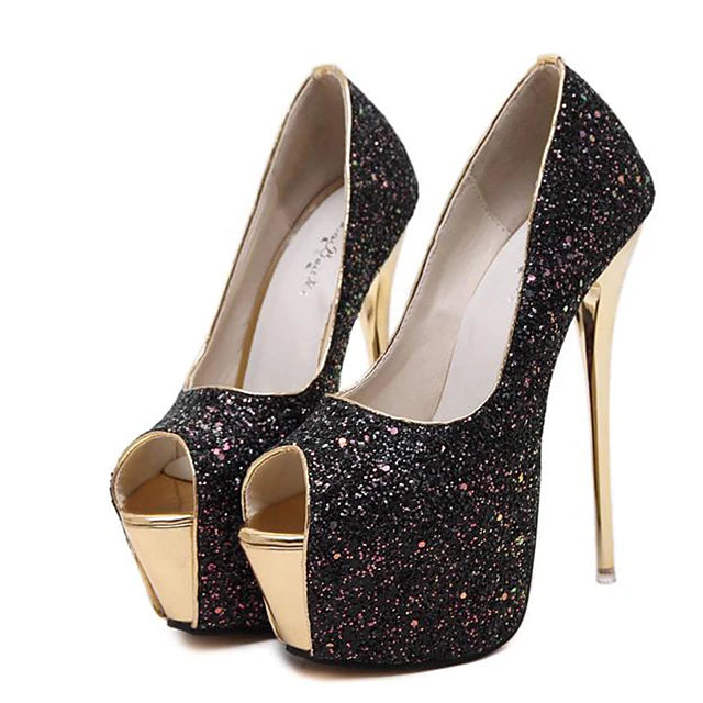 Women's Synthetics Fall / Spring & Summer Sweet / British Heels Stiletto Heel Peep Toe Sequin White / Black / Light Pink / Wedding / Party & Evening