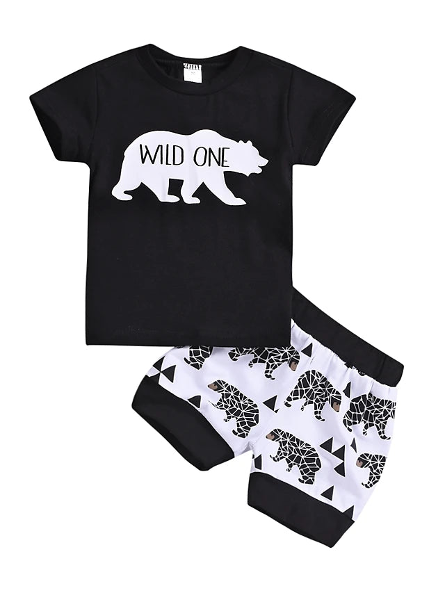 Baby Boys' Active / Basic Print Print Short Sleeve Regular Cotton Clothing Set Black / Toddler