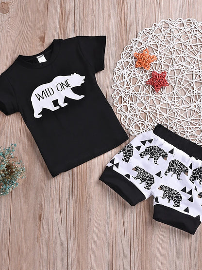 Baby Boys' Active / Basic Print Print Short Sleeve Regular Cotton Clothing Set Black / Toddler