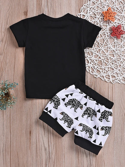 Baby Boys' Active / Basic Print Print Short Sleeve Regular Cotton Clothing Set Black / Toddler