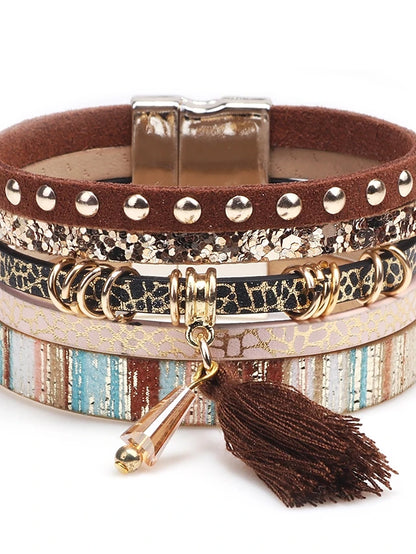 Pulsera de cuero para mujer, brazalete ancho con borlas, elegante, apilable, creativa, con borlas para mujer, pulsera de cuero a la moda 