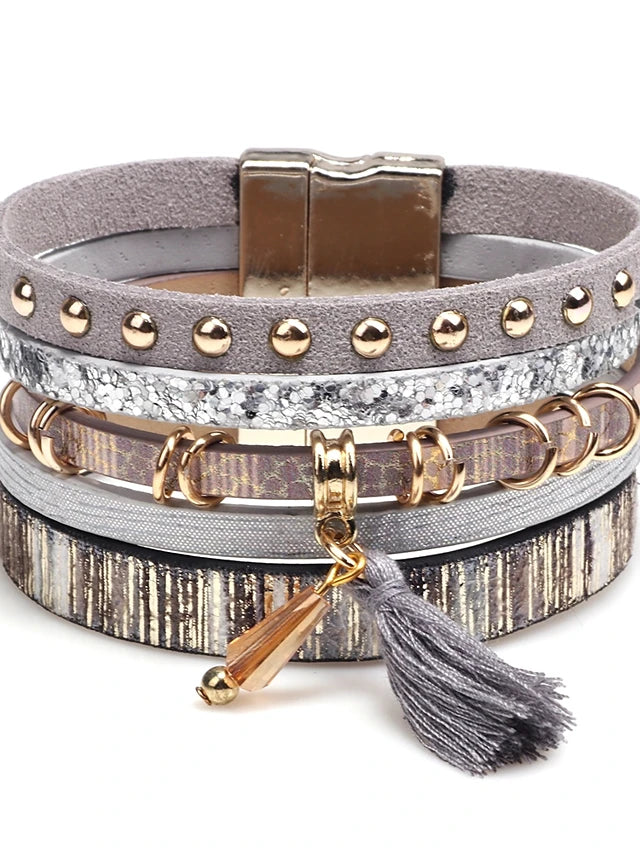 Pulsera de cuero para mujer, brazalete ancho con borlas, elegante, apilable, creativa, con borlas para mujer, pulsera de cuero a la moda 