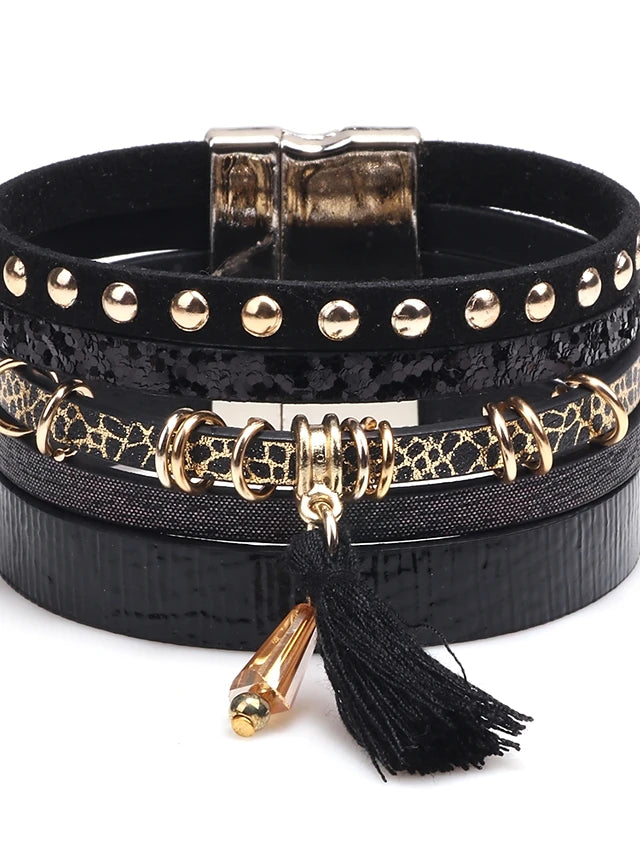 Pulsera de cuero para mujer, brazalete ancho con borlas, elegante, apilable, creativa, con borlas para mujer, pulsera de cuero a la moda 