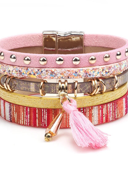 Pulsera de cuero para mujer, brazalete ancho con borlas, elegante, apilable, creativa, con borlas para mujer, pulsera de cuero a la moda 