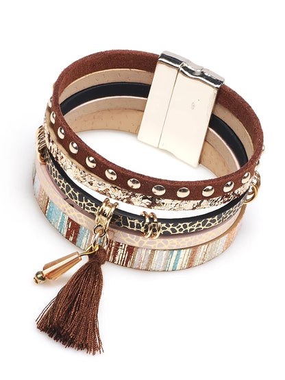 Pulsera de cuero para mujer, brazalete ancho con borlas, elegante, apilable, creativa, con borlas para mujer, pulsera de cuero a la moda 