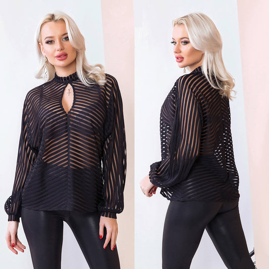 Women Sexy See-through Keyhole Neck Sheer Blouse