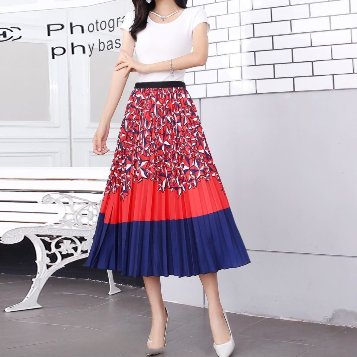 Summer Women's Pleated Skirt Mid Length Skirt