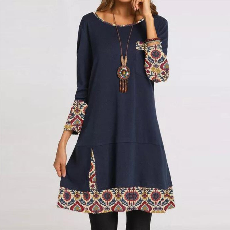 Retro Stitching Printed Round Neck Long Sleeve Dress Women - The Styky Shack