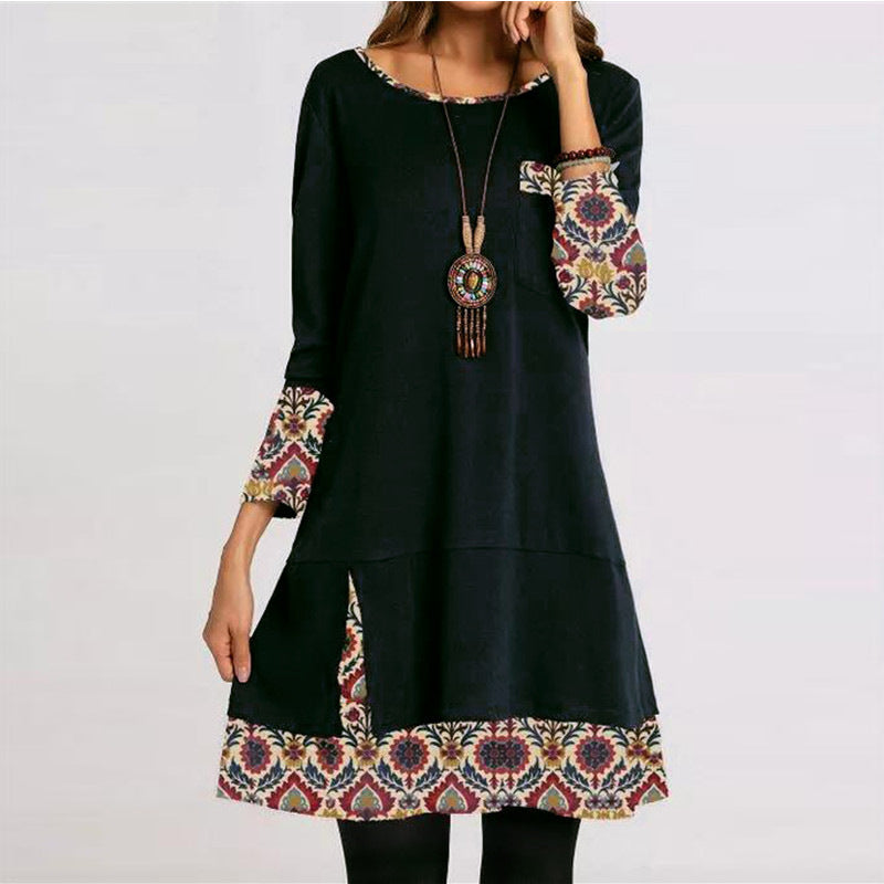 Retro Stitching Printed Round Neck Long Sleeve Dress Women - The Styky Shack