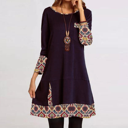 Retro Stitching Printed Round Neck Long Sleeve Dress Women - The Styky Shack