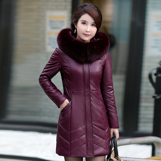 Women's Leather Casual Mid-Length Cotton Jacket