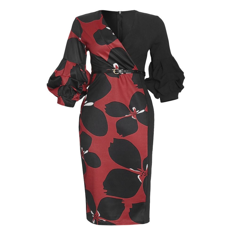 ON SALE!!! 50% OFF!!! Nubian Print Stitching V-Neck Lantern Sleeve Dress