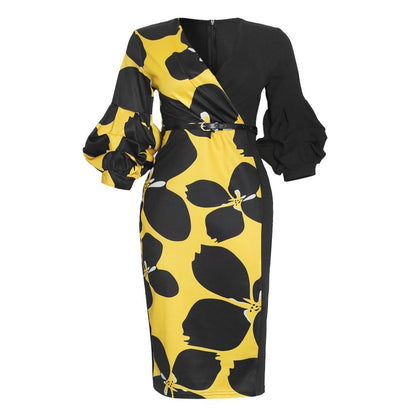 ON SALE!!! 50% OFF!!! Nubian Print Stitching V-Neck Lantern Sleeve Dress