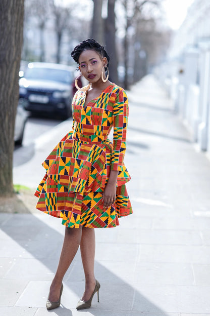 Printed Women's Dress V-neck Belt Three-Quarter Sleeve Fashion Cake Dress African Style Skirt - The Styky Shack