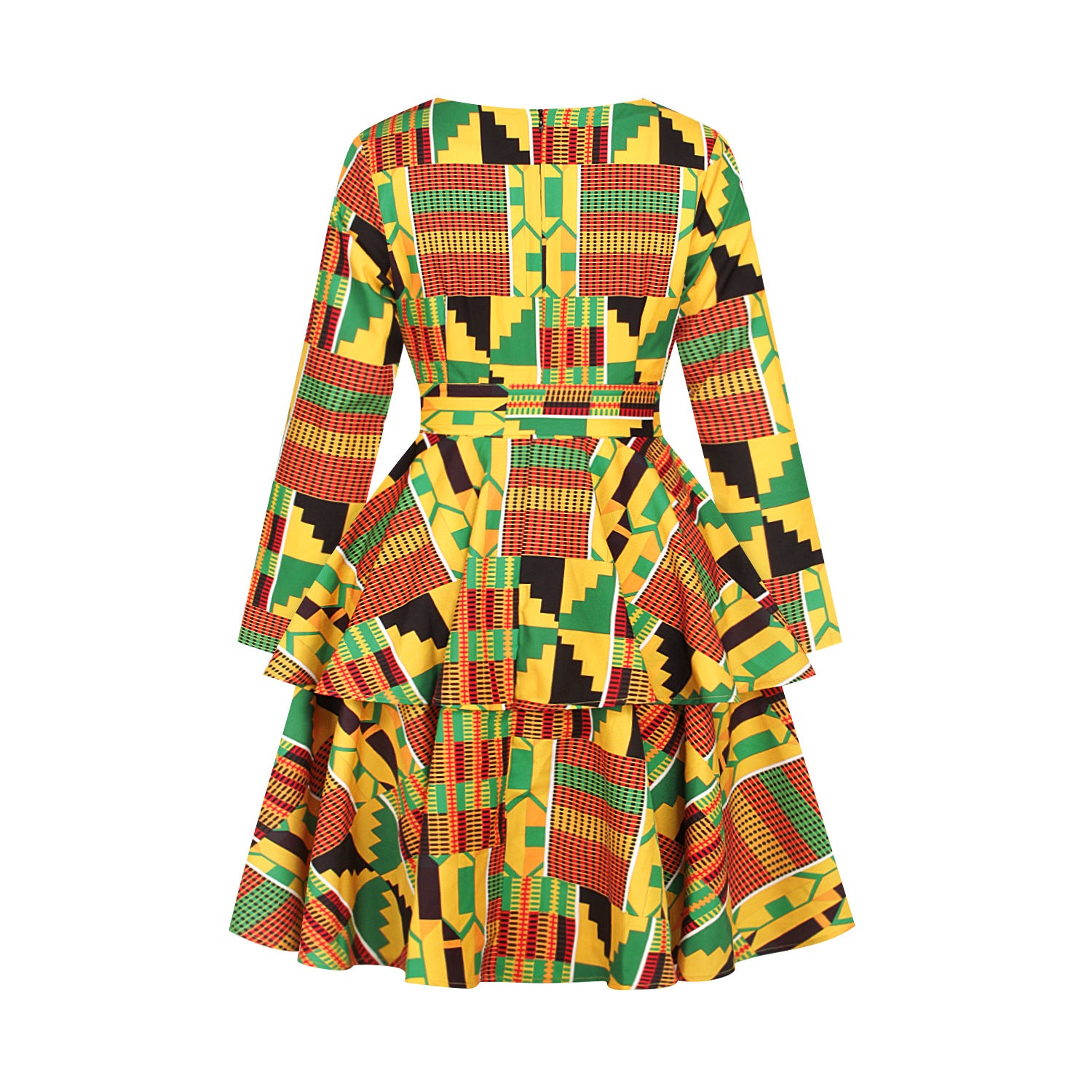 Printed Women's Dress V-neck Belt Three-Quarter Sleeve Fashion Cake Dress African Style Skirt - The Styky Shack