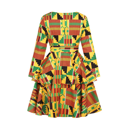 Printed Women's Dress V-neck Belt Three-Quarter Sleeve Fashion Cake Dress African Style Skirt - The Styky Shack