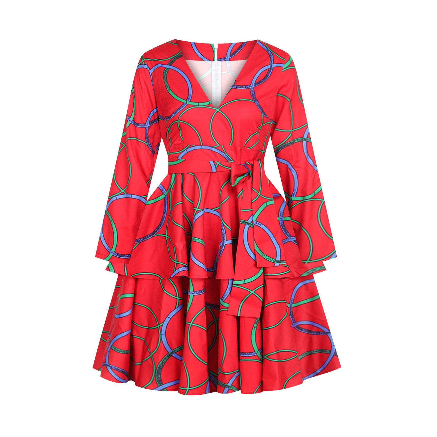 Printed Women's Dress V-neck Belt Three-Quarter Sleeve Fashion Cake Dress African Style Skirt - The Styky Shack