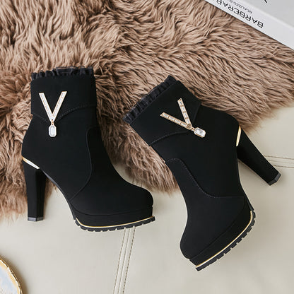 Warm Fashion Boots Thick Heel Solid Color Side Zipper Waterproof Women's Short Boots