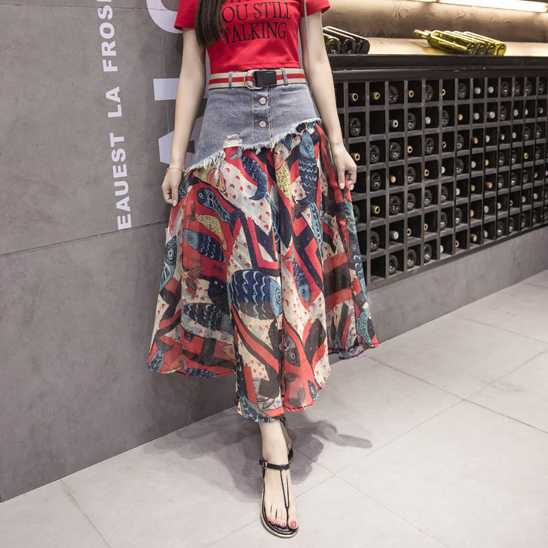 Mesh Stitching Summer Pattern Long Skirt