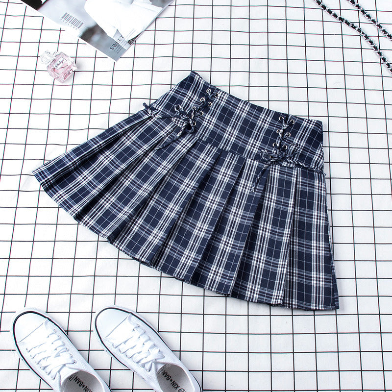 High Waist Tie Pleated Skirt Plaid Skirt