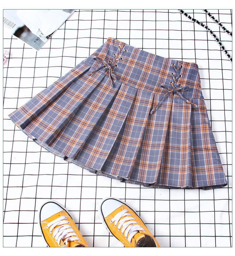 High Waist Tie Pleated Skirt Plaid Skirt