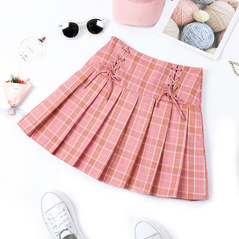 High Waist Tie Pleated Skirt Plaid Skirt