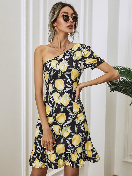 New Printed Lemon Skirt Oblique Shoulder Skirt Yellow Dress