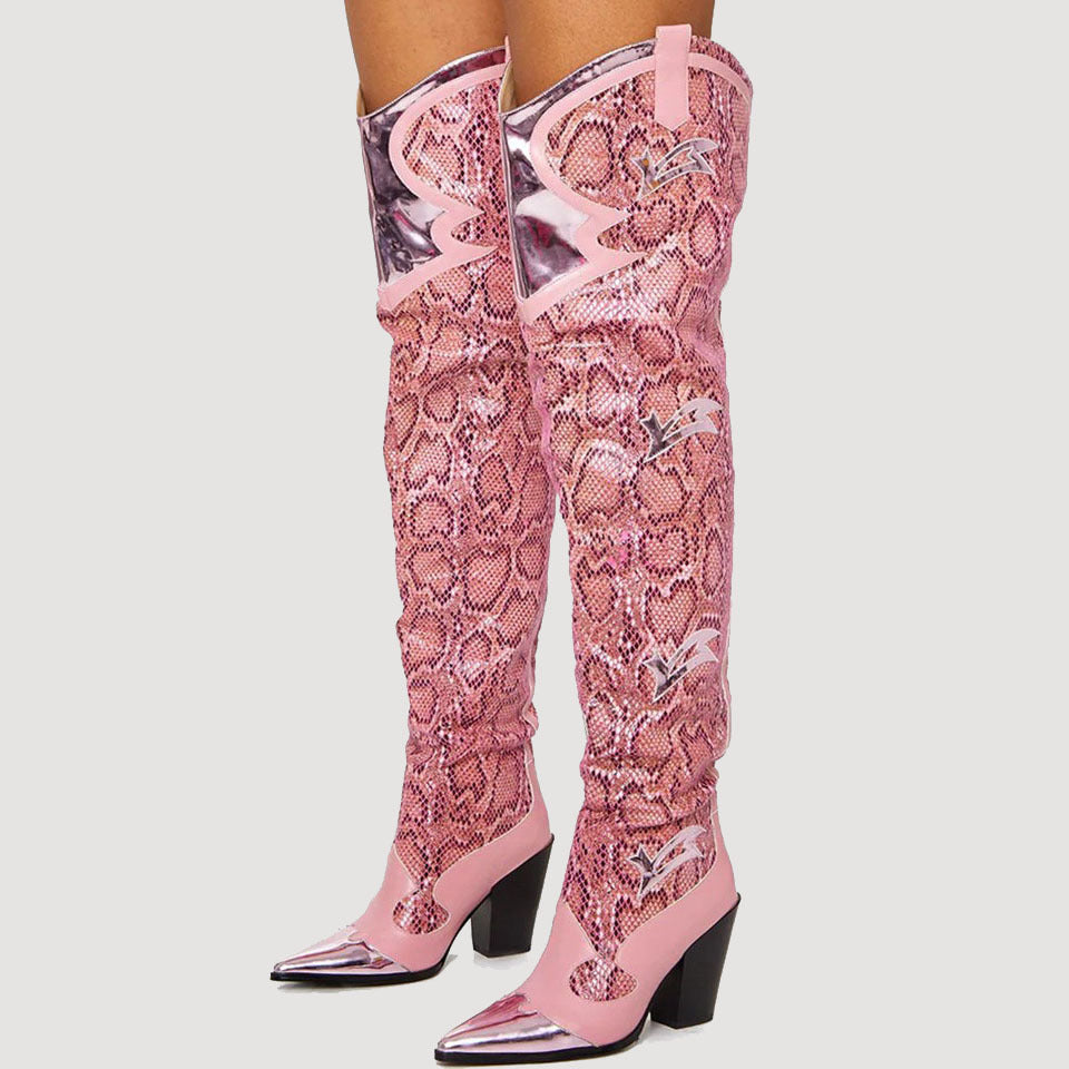 Botas de tacón alto gruesas con punta estrecha y estampado de serpiente sexy de moda