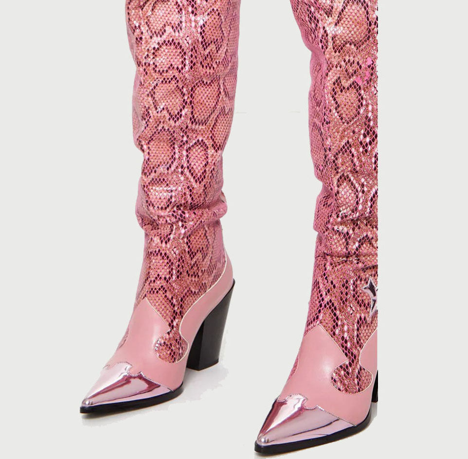 Botas de tacón alto gruesas con punta estrecha y estampado de serpiente sexy de moda