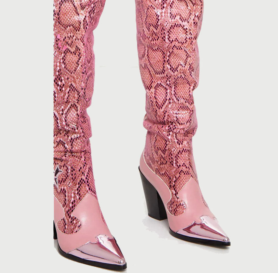 Botas de tacón alto gruesas con punta estrecha y estampado de serpiente sexy de moda