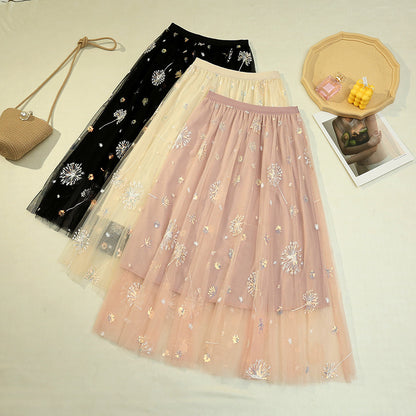 Pleated Tulle Skirt Dandelion Embroidered Long Skirt