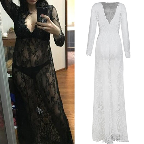 Women's Summer Sexy See Through Lace Deep V-Neck Long Sleeve Long Maxi Dress