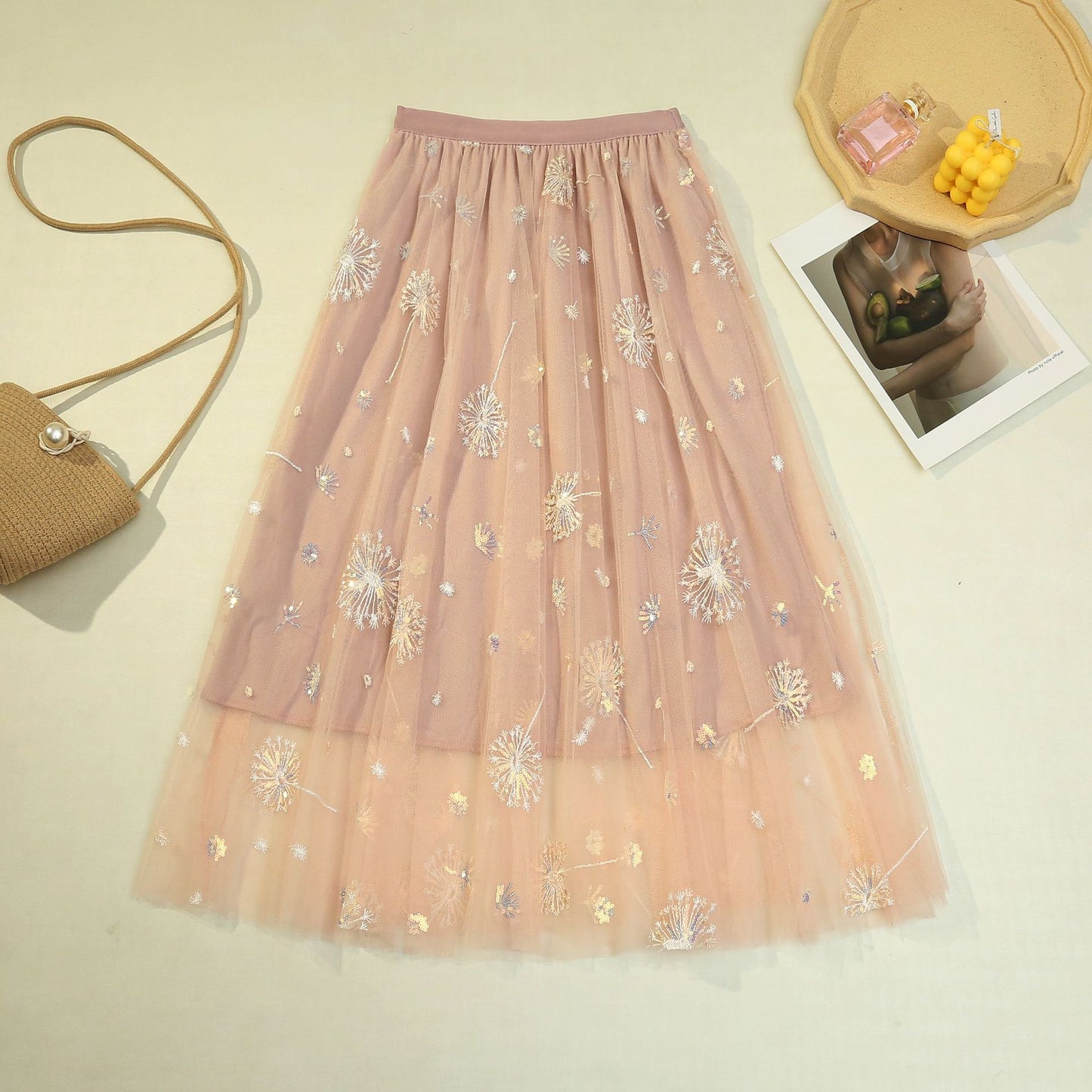 Pleated Tulle Skirt Dandelion Embroidered Long Skirt