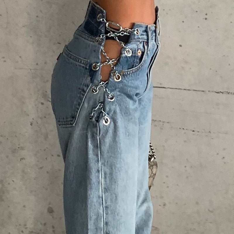 Waatfaak Hole Chain Bandage Cut Out High Waist Jeans Women Sexy Pockets Cargo Pants