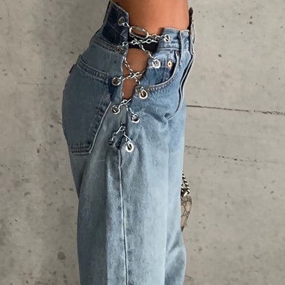 Waatfaak Hole Chain Bandage Cut Out Jeans de cintura alta Mujeres Sexy Bolsillos Pantalones cargo 